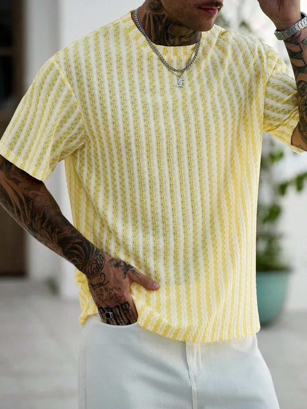 Light Yellow Regular Fit Men's Geometric Knit T-Shirt